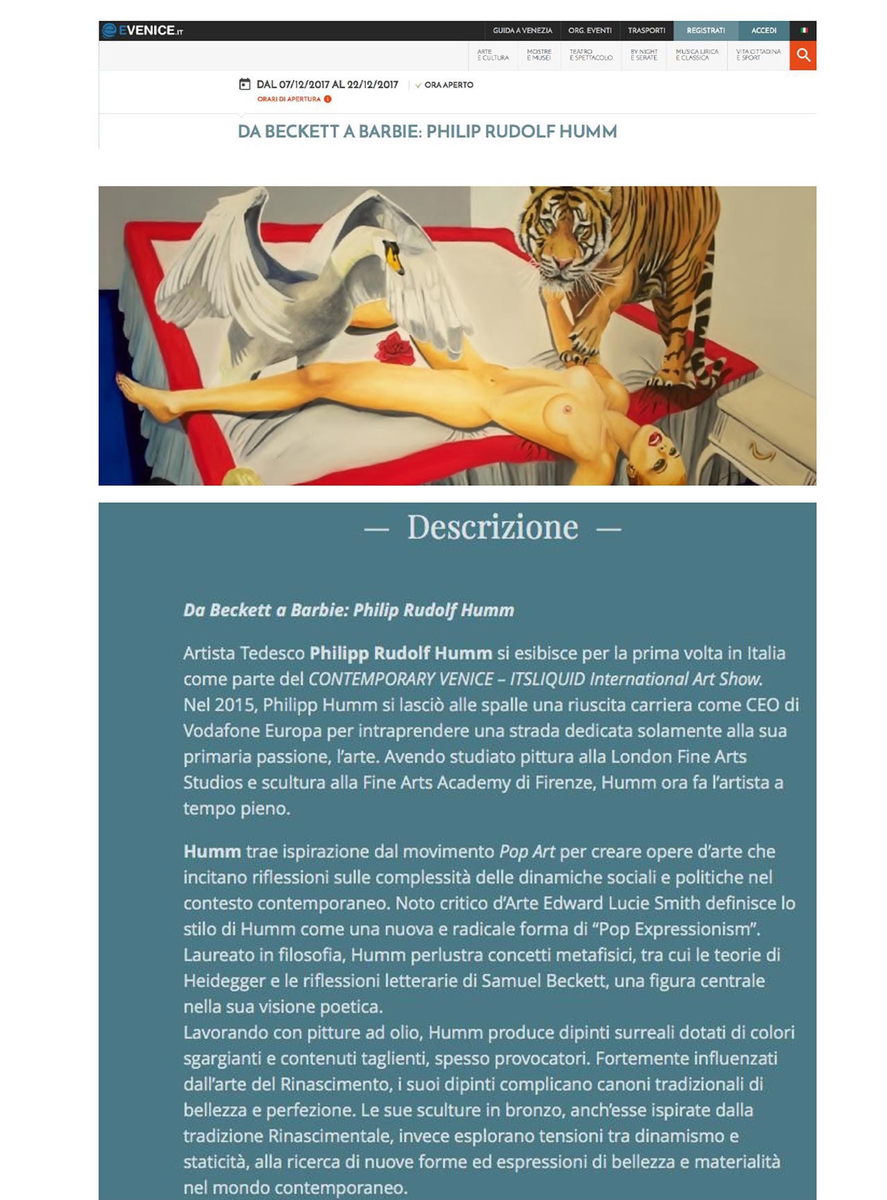 eVenice digital magazine feature on Philipp Humm's art.