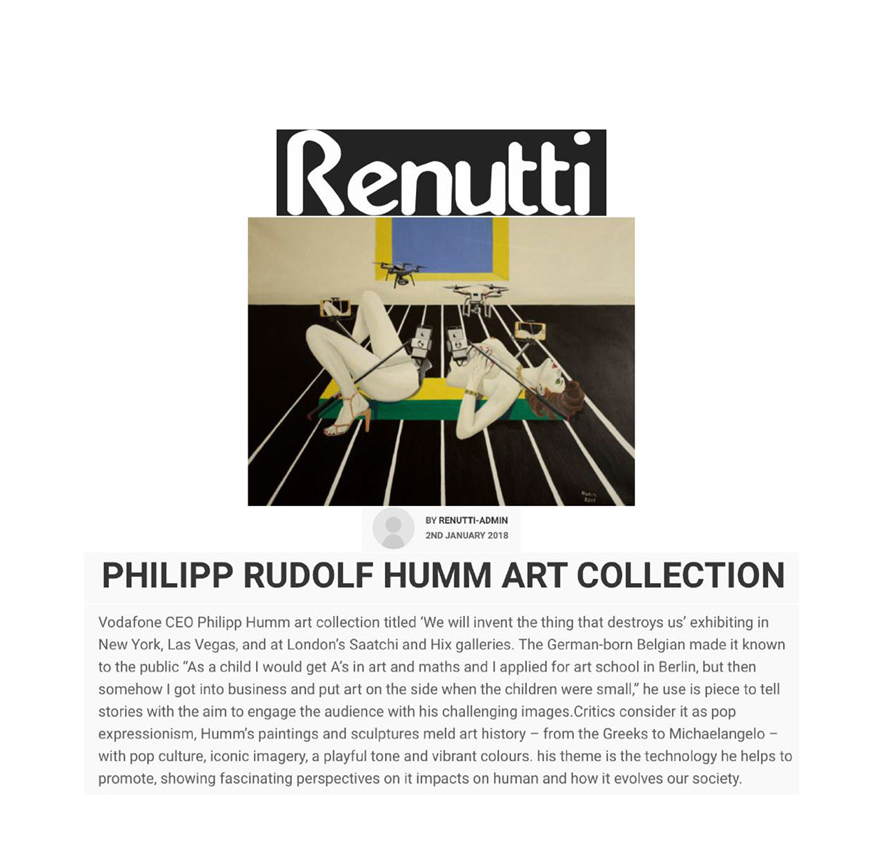 Press coverage of artist Philipp Humm in Renutti magazine.
