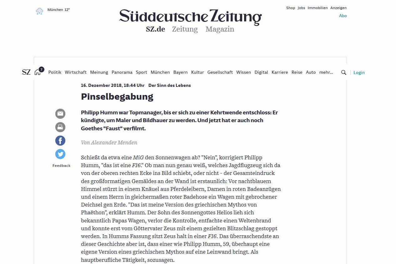 Süddeutsche Zeitung article featuring German-born artist Philipp Humm.