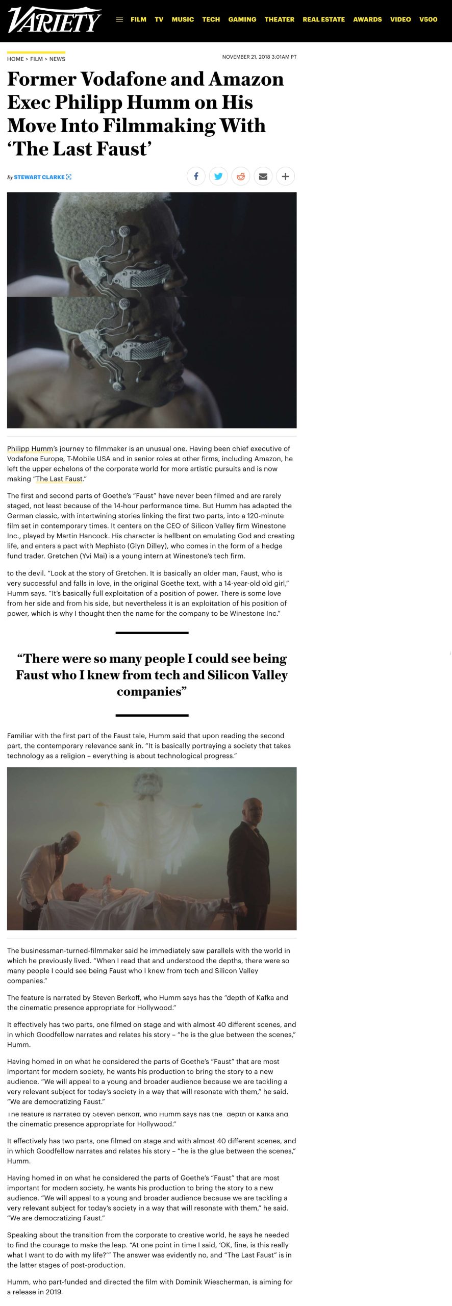 Variety magazine feature on artist and filmmaker Philipp Humm.