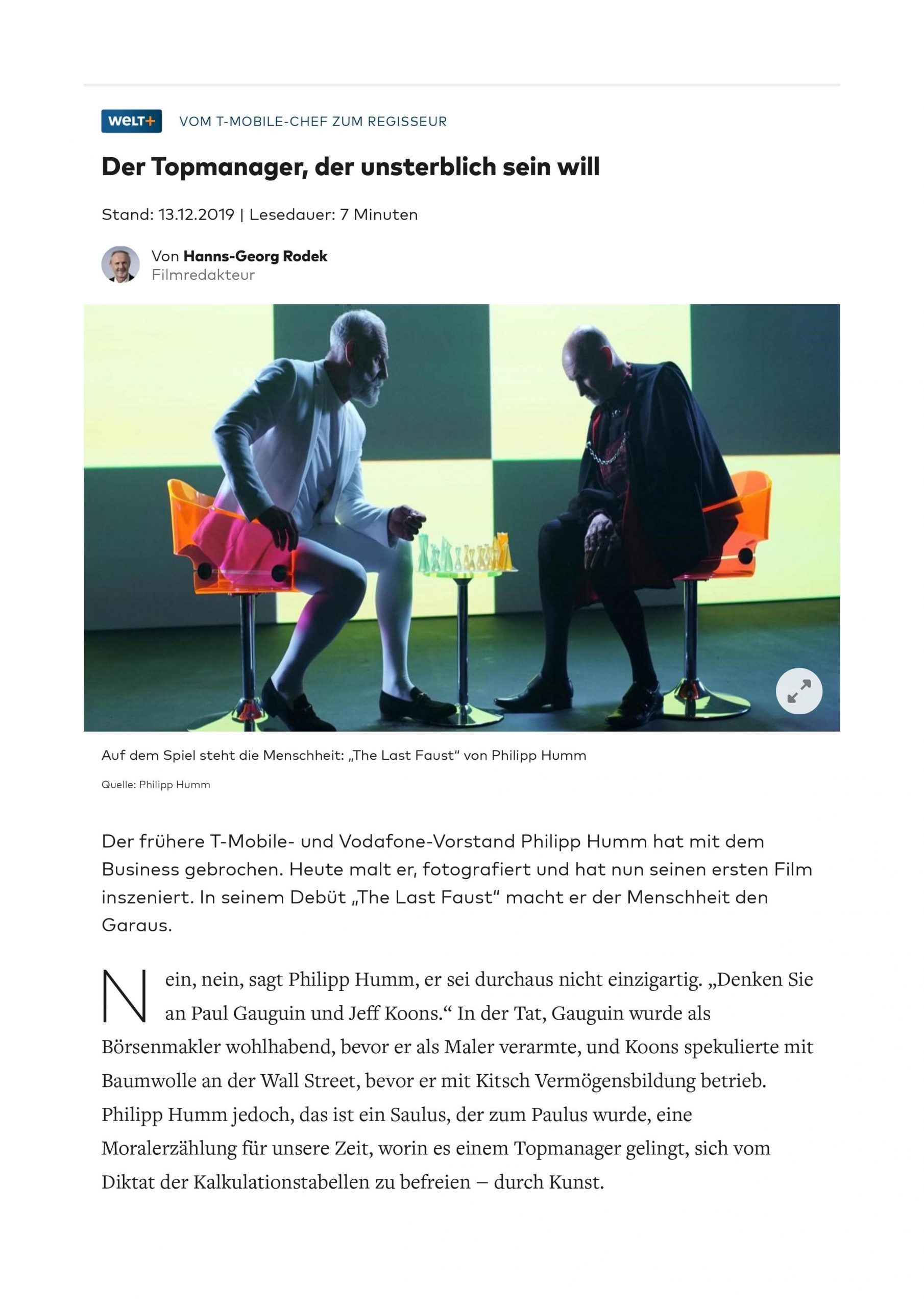 Die Welt feature on Philipp Humm's journey from executive to artist