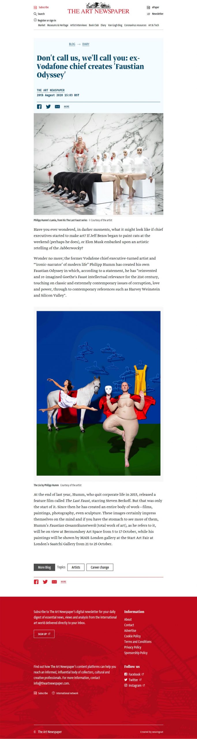 The Art Newspaper feature on artist Philipp Humm.