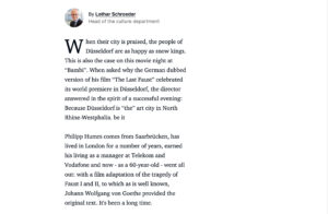 Rheinische Post article "He's back" about artist Philipp Humm.