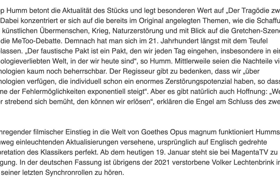MagentaTV announcement for the streaming of The Last Faust by Philipp Humm