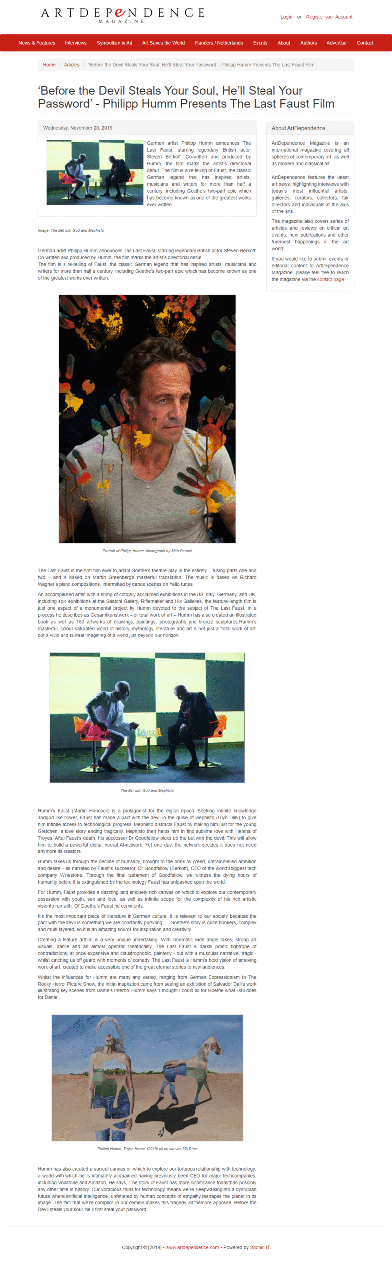 Philipp Humm interview feature in Art Dependence Magazine.